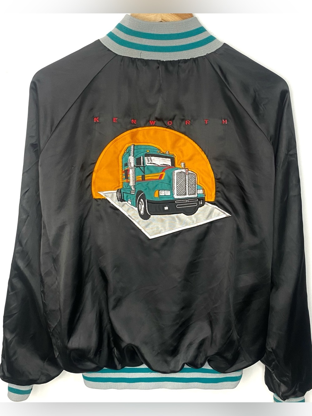 Vintage Kenworth Trucking Black Embroidery Satin Bomber Jacket Made In USA XL
